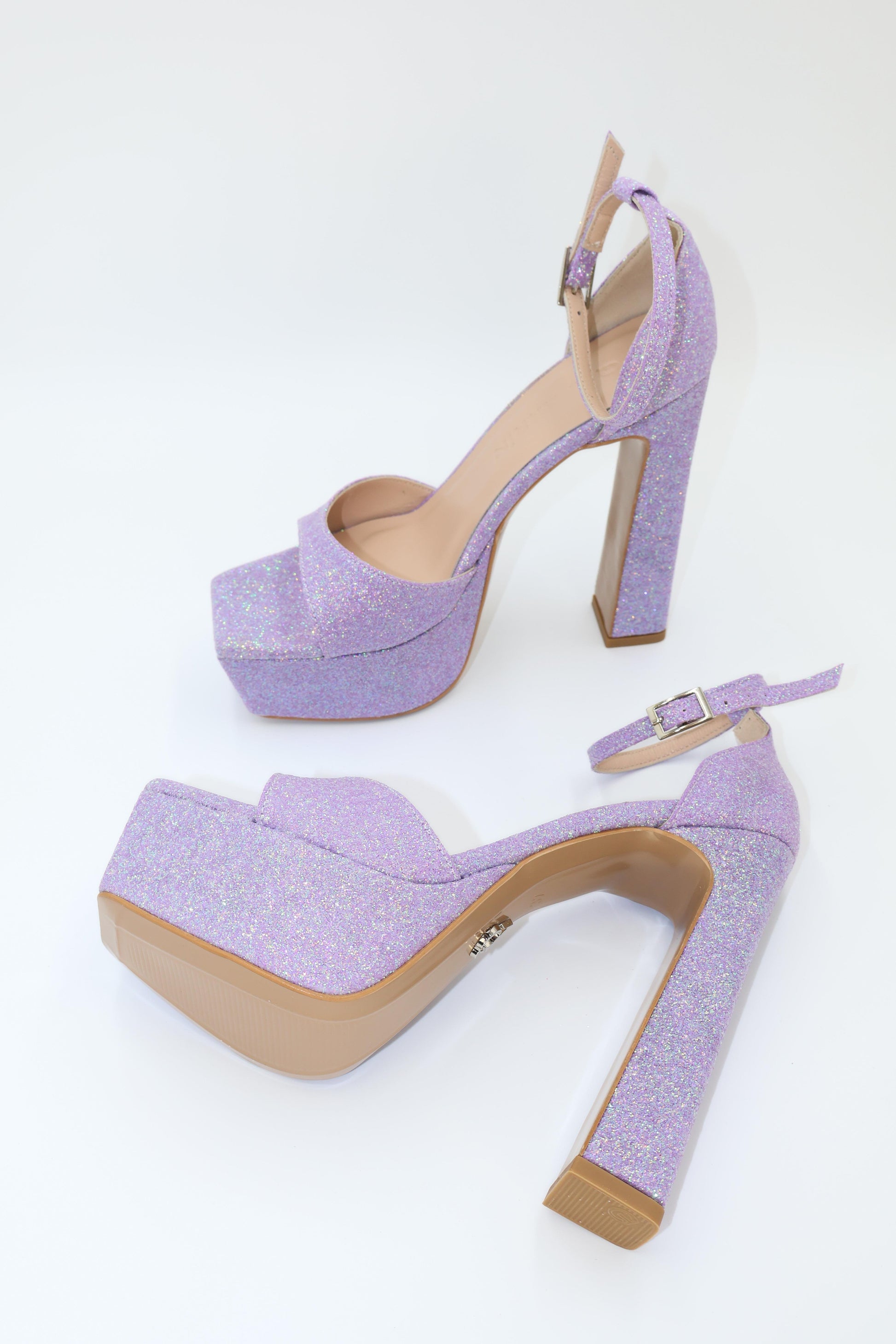 Qafarrin ÉLANORA – Sparkling Lilac Silk Satin and Genuine Calfskin Platform Heel Sandals