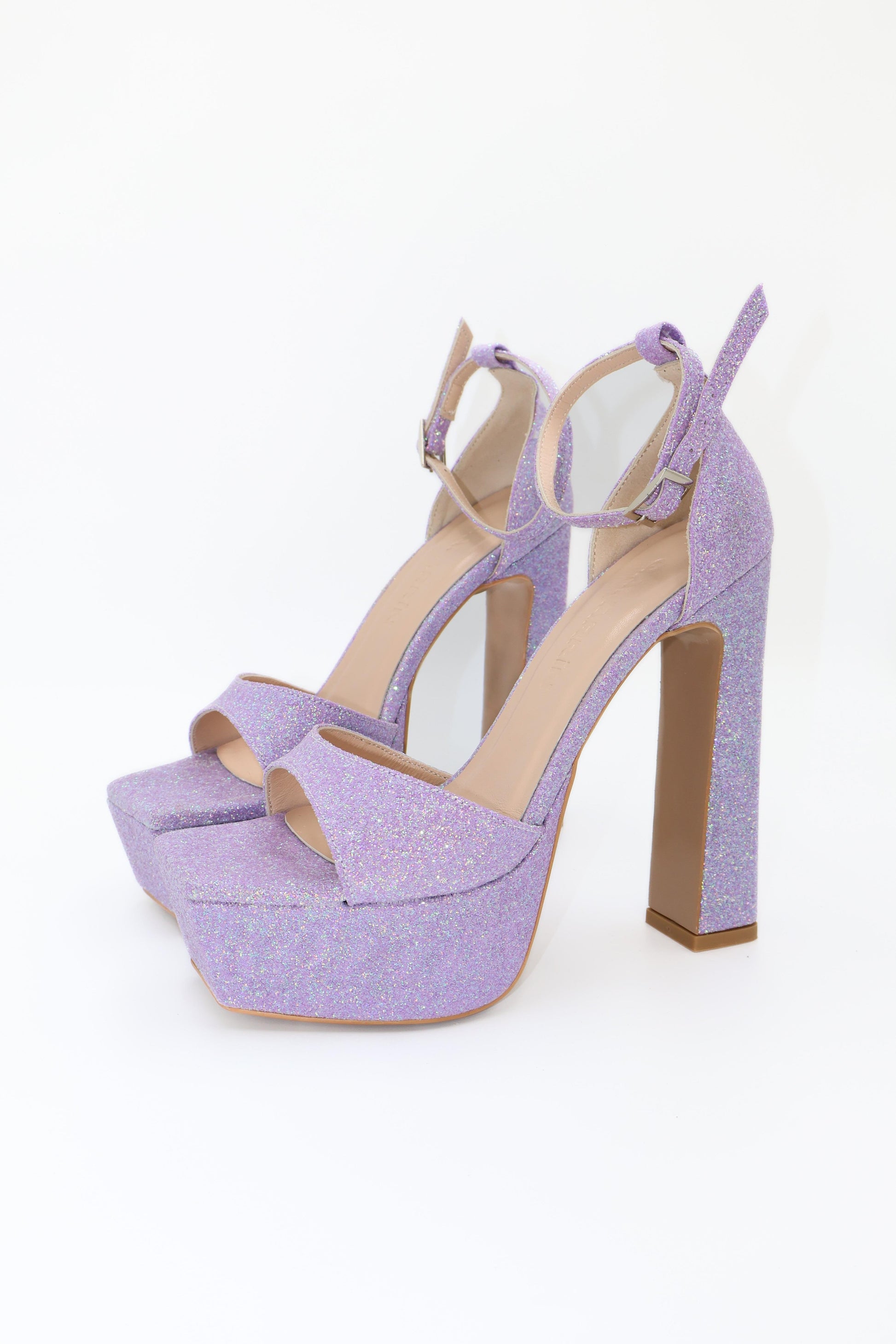 Qafarrin ÉLANORA – Sparkling Lilac Silk Satin and Genuine Calfskin Platform Heel Sandals