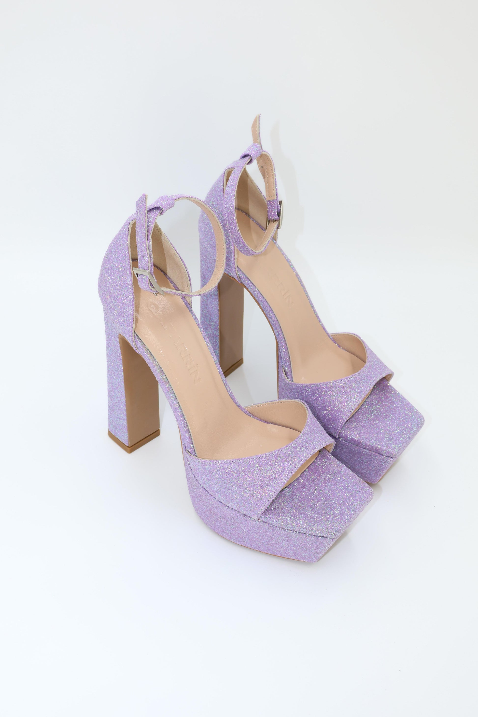 Qafarrin ÉLANORA – Sparkling Lilac Silk Satin and Genuine Calfskin Platform Heel Sandals