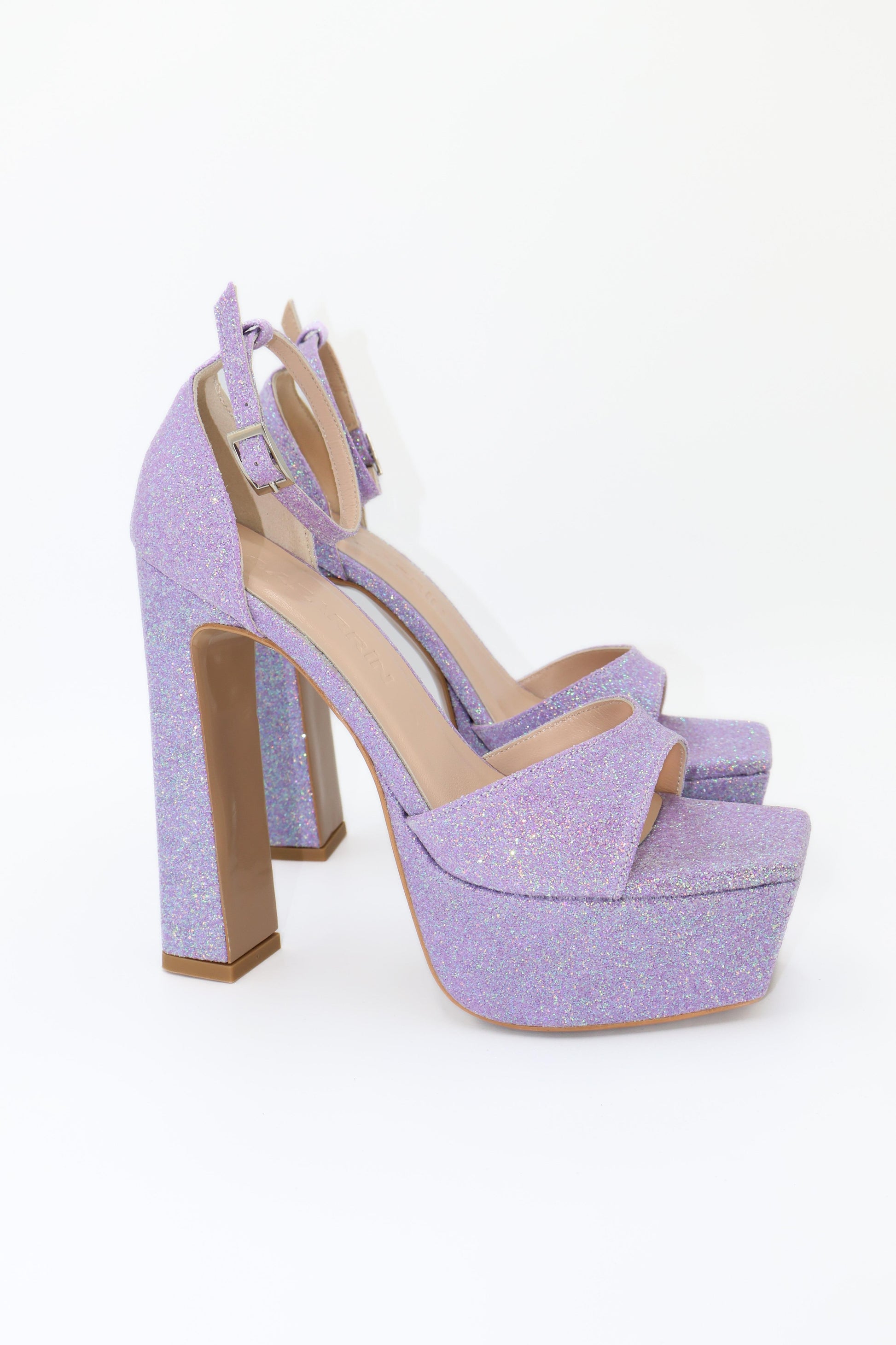 Qafarrin ÉLANORA – Sparkling Lilac Silk Satin and Genuine Calfskin Platform Heel Sandals