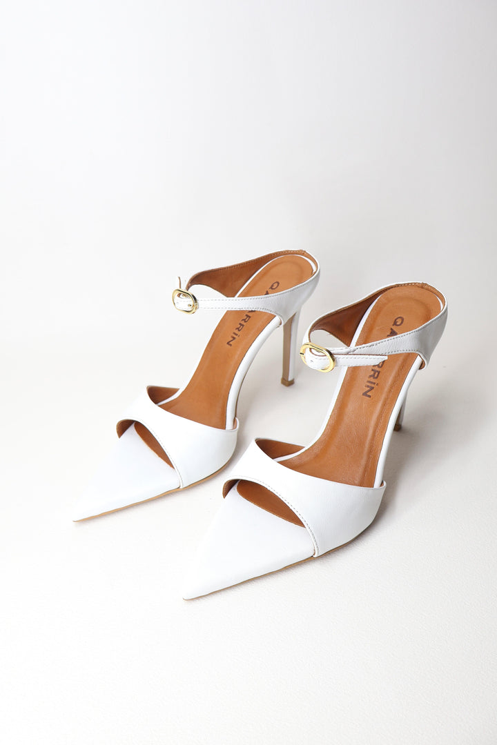 Qafarrin NOIRELLE Blanc – Altın Tokalı Hakiki Dana Deri Slingback Mule