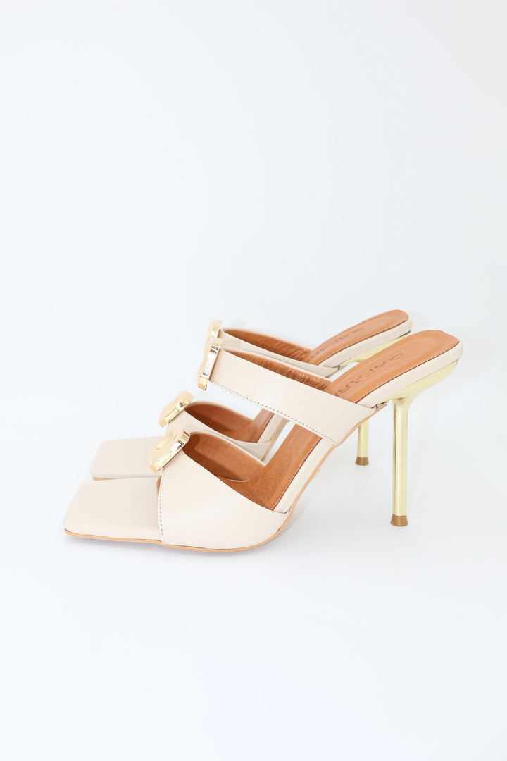 Qafarrin NOVA CREME – Özel Tasarım Hakiki Dana Deri Gold Mule Stiletto