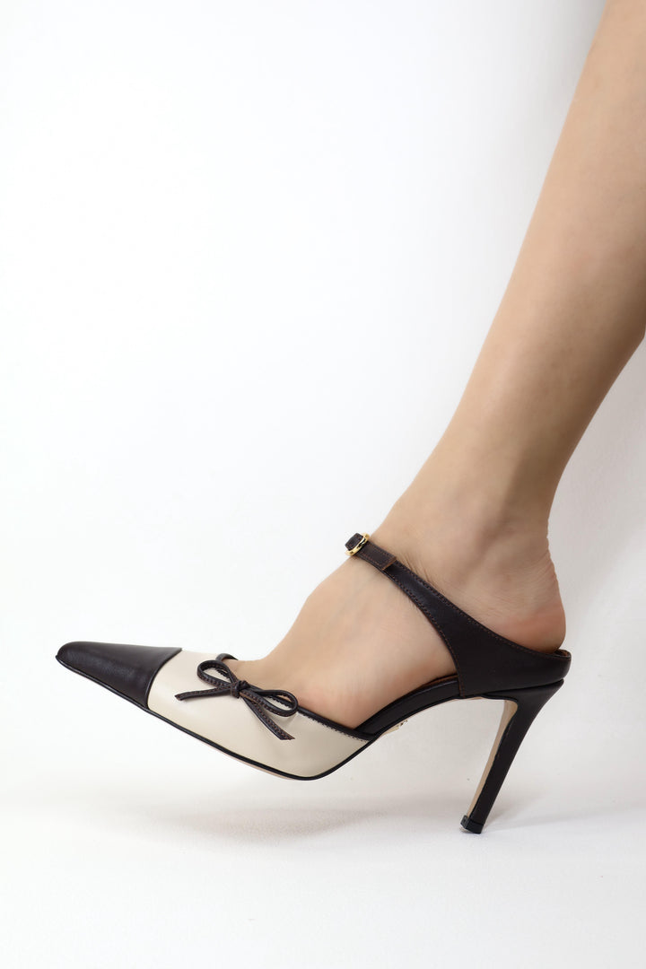 Qafarrin ORETTA – Acı Kahve & Bej Hakiki Dana Deri Slingback Stiletto