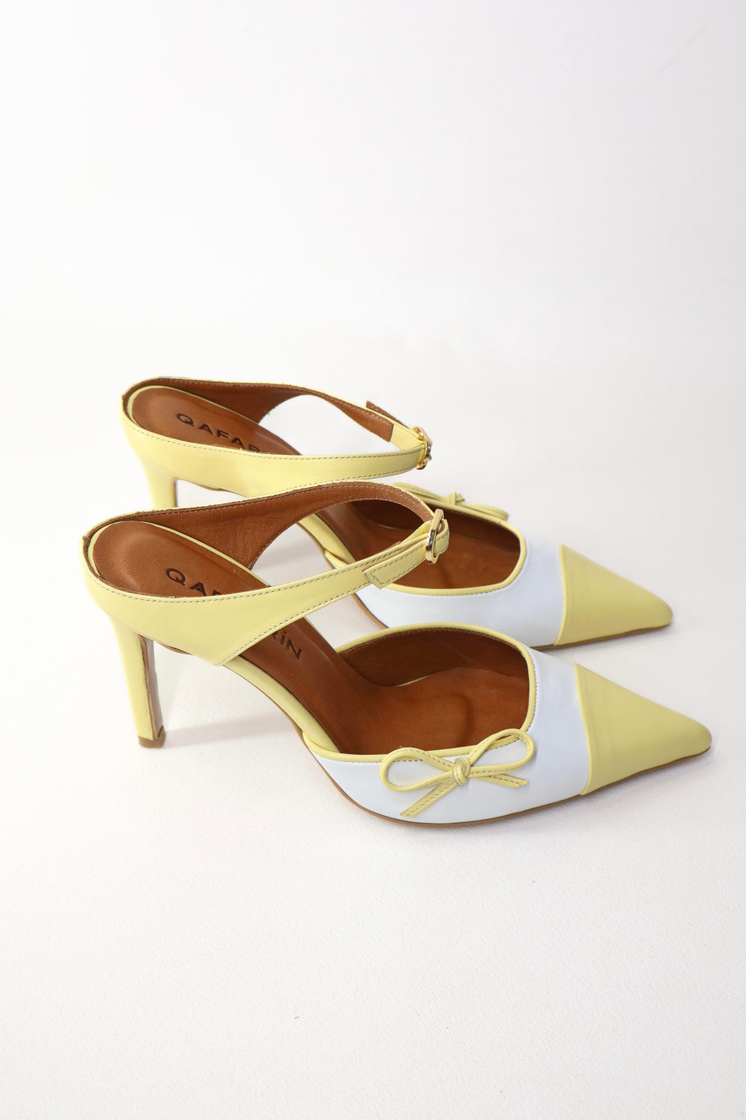 Qafarrin ORETTA – Limon Sarısı & Beyaz Hakiki Dana Deri Slingback Stiletto
