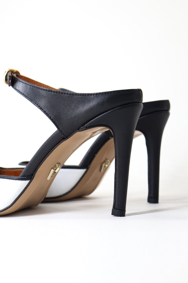 Qafarrin ORETTA – Siyah & Beyaz Hakiki Dana Deri Slingback Stiletto