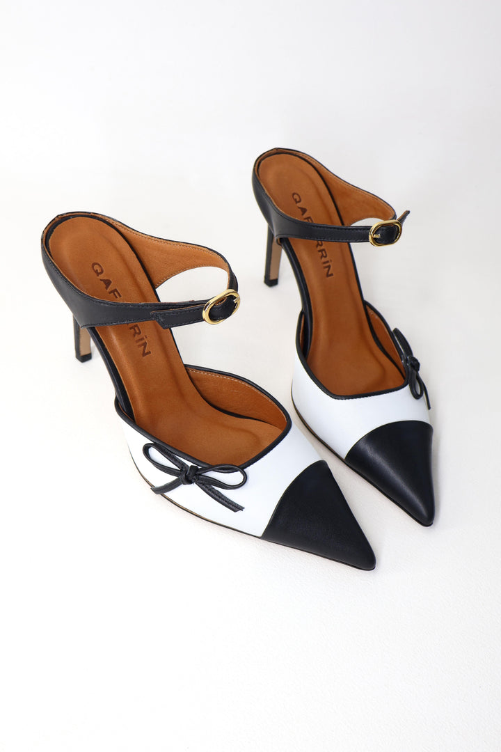 Qafarrin ORETTA – Siyah & Beyaz Hakiki Dana Deri Slingback Stiletto