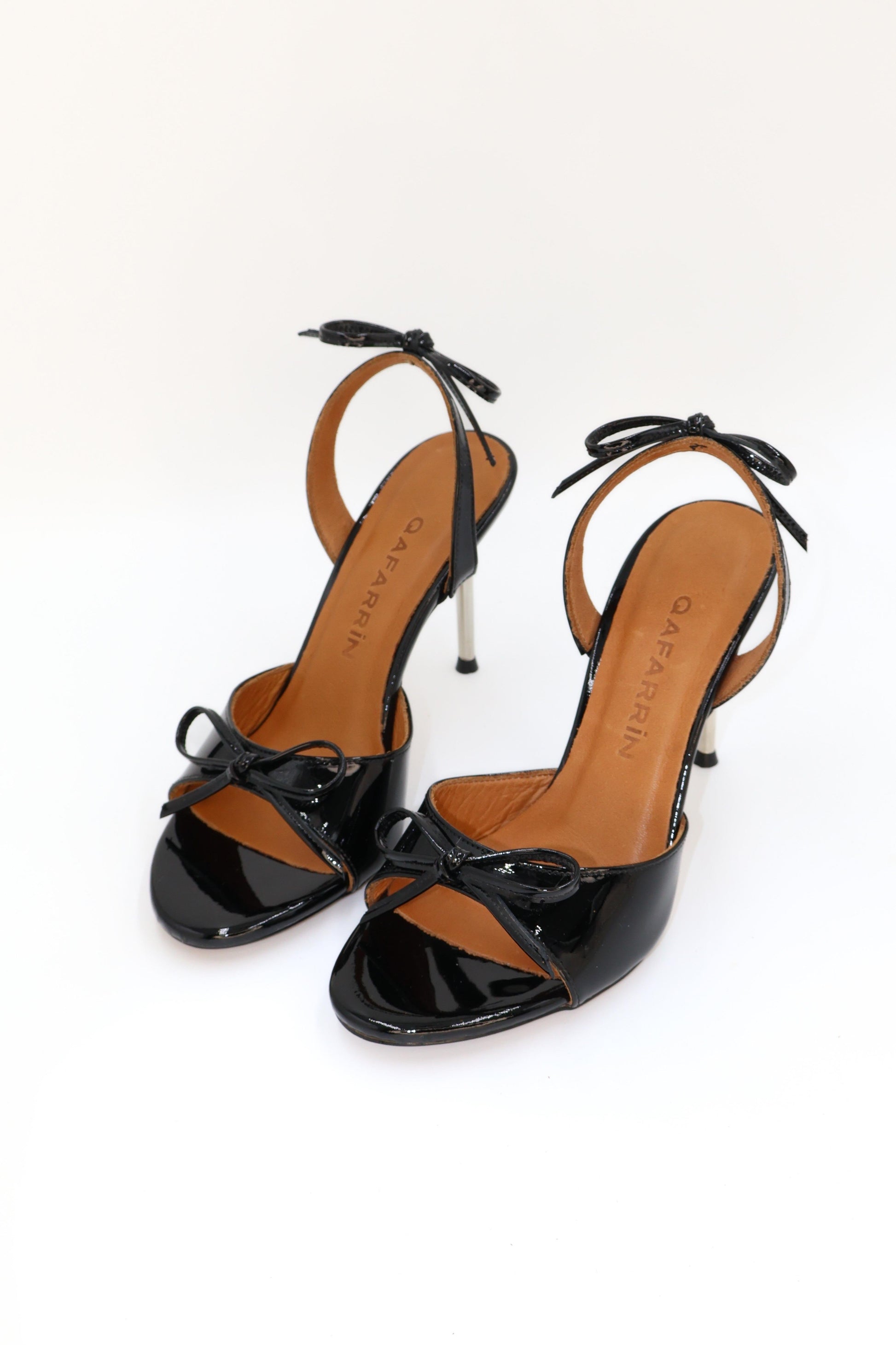 Qafarrin PELORIA – Black Patent Leather Bow Detail Genuine Calfskin Thin Heel Sandals