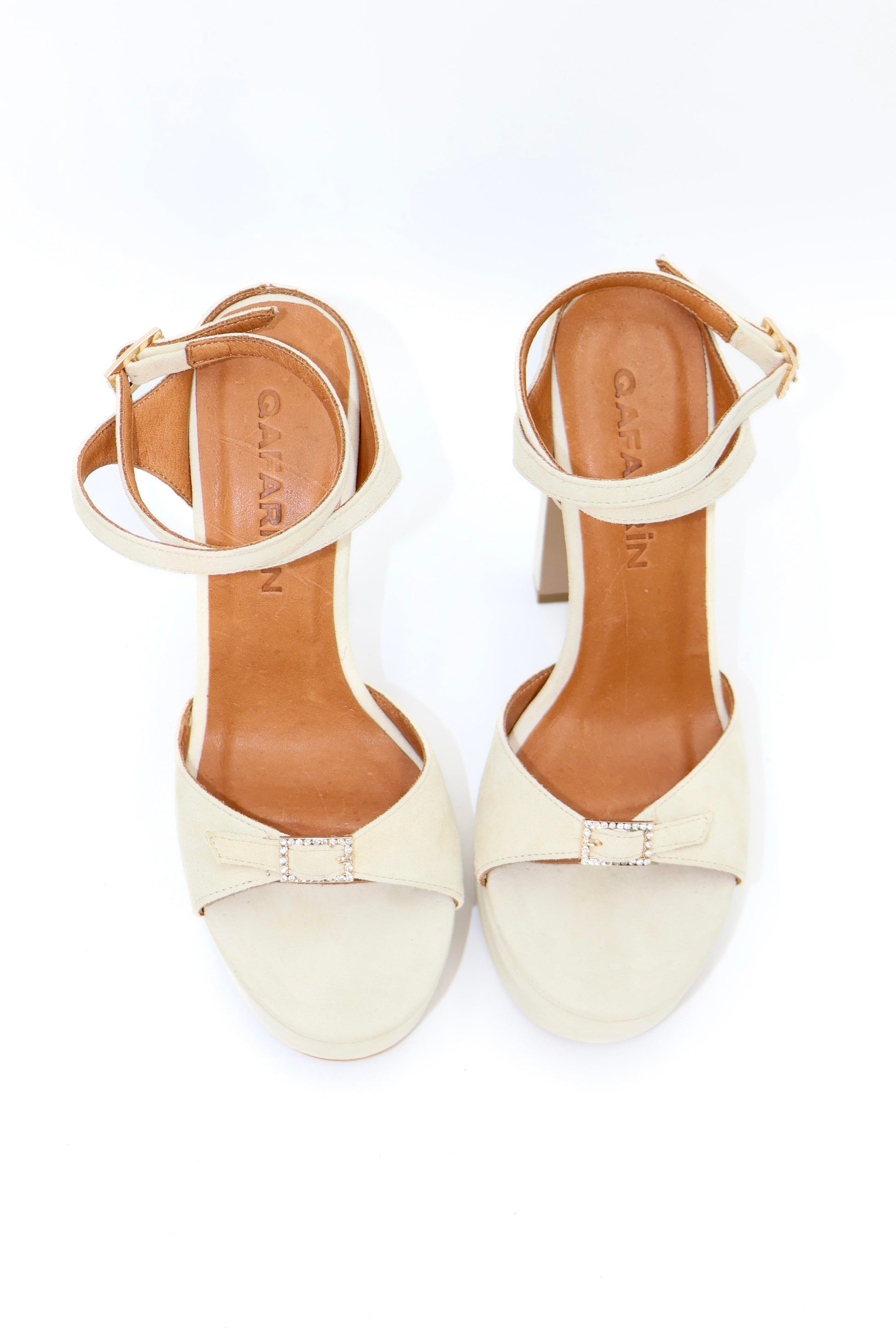 Qafarrin PRÉLIA – Cream Suede Genuine Leather Platform Heeled Sandals