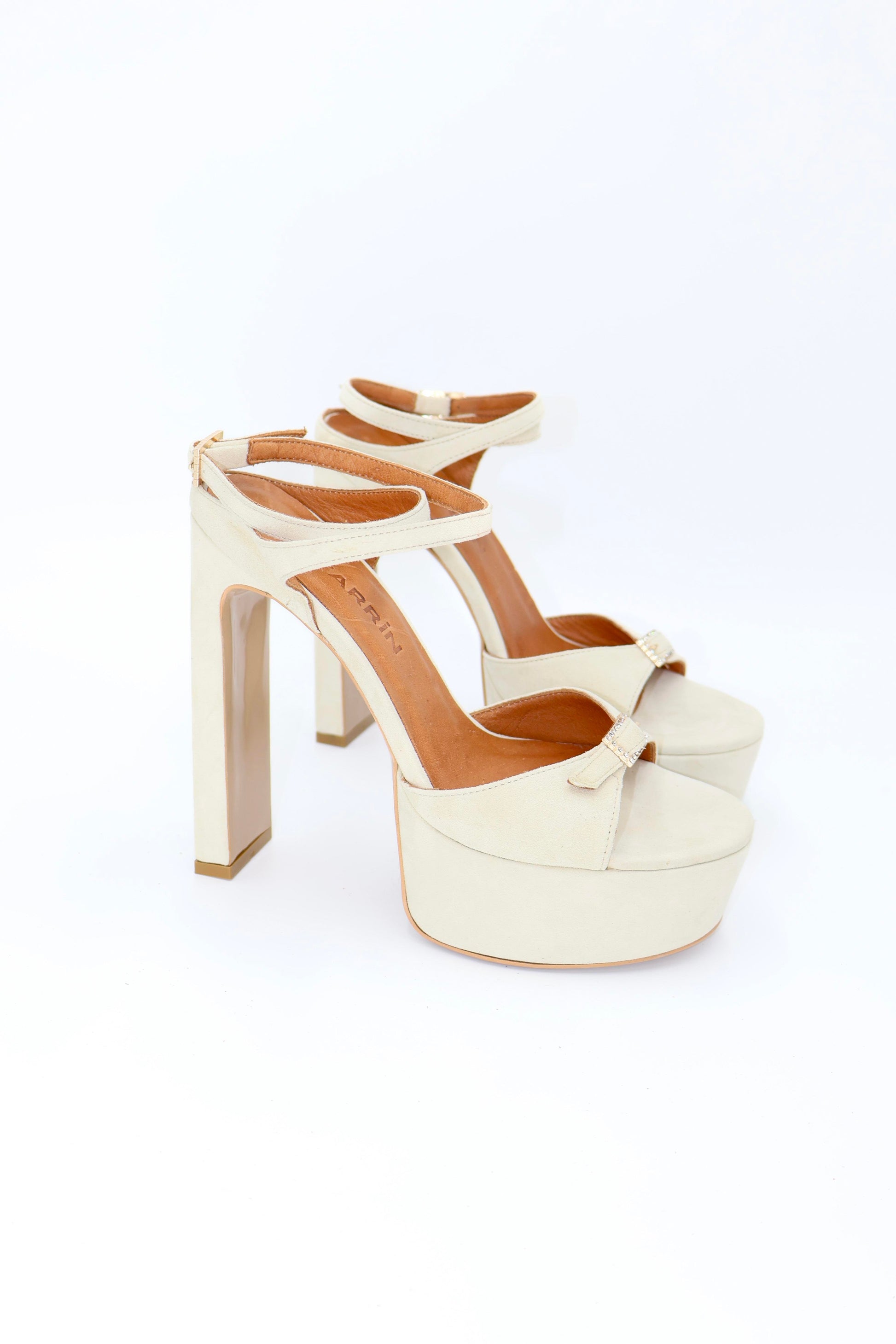 Qafarrin PRÉLIA – Cream Suede Genuine Leather Platform Heeled Sandals