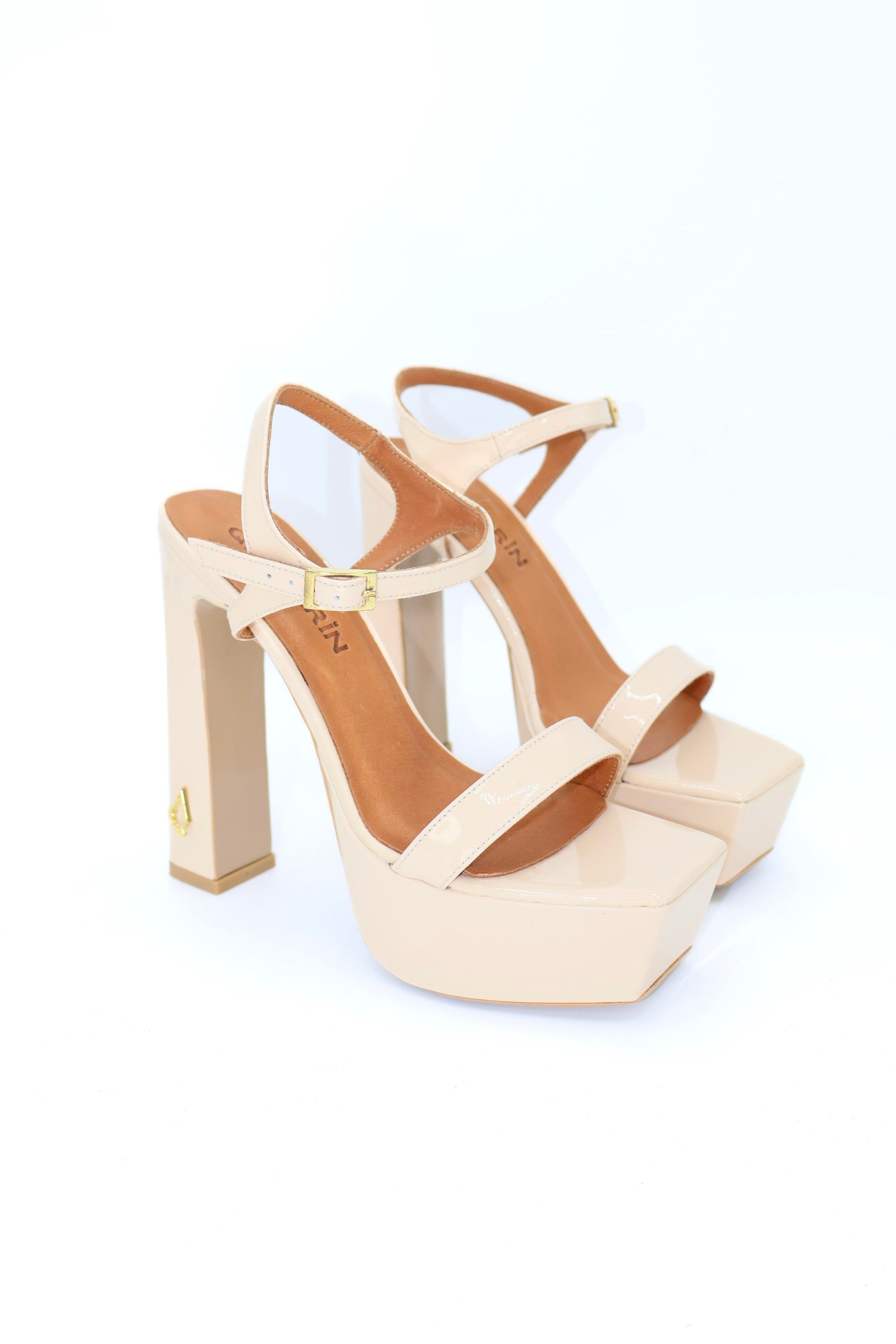 Qafarrin ROSABELLE CHAMPAGNE – Champagne Patent Leather Genuine Calfskin Platform Heeled Sandals