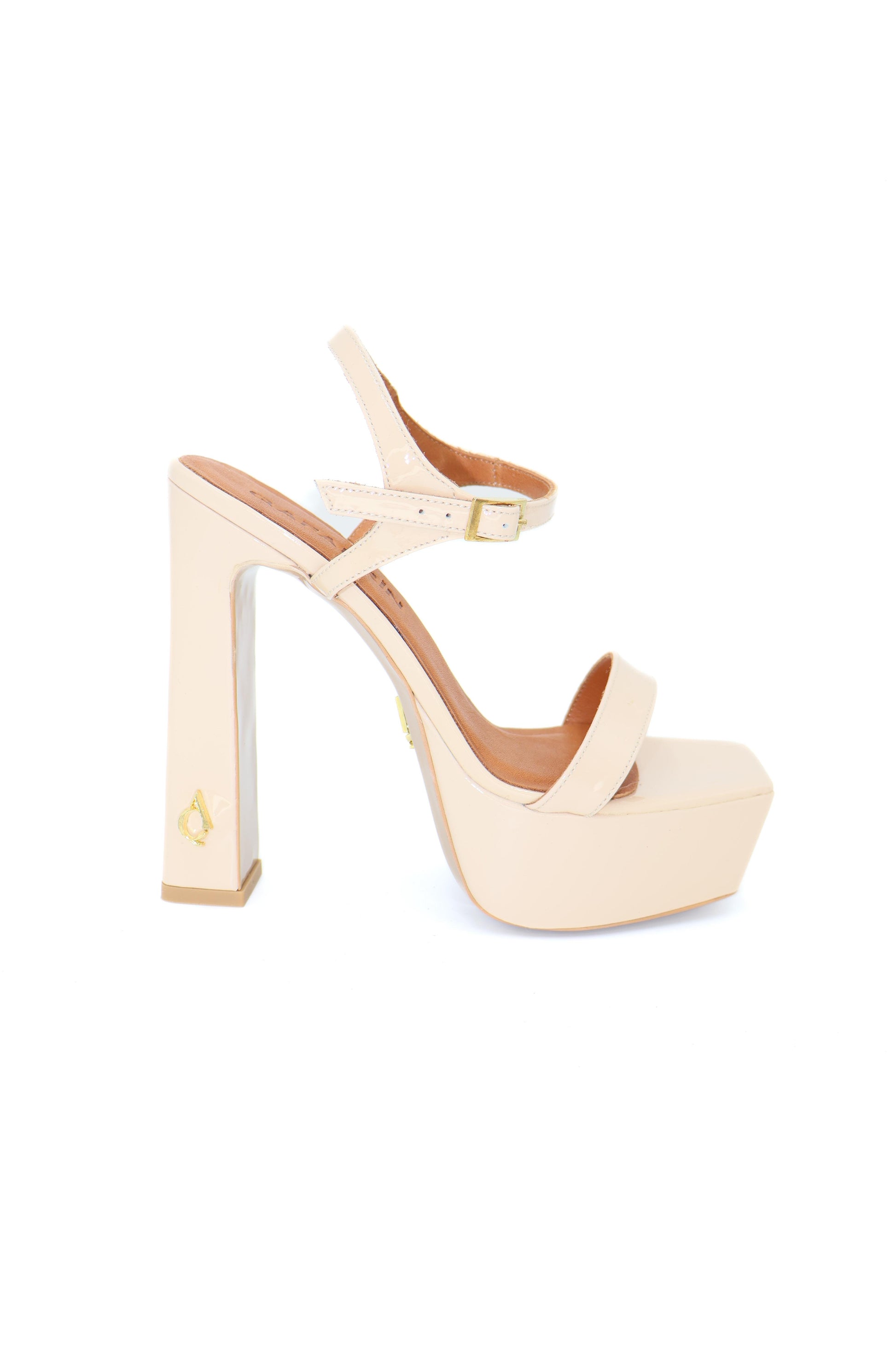 Qafarrin ROSABELLE CHAMPAGNE – Champagne Patent Leather Genuine Calfskin Platform Heeled Sandals