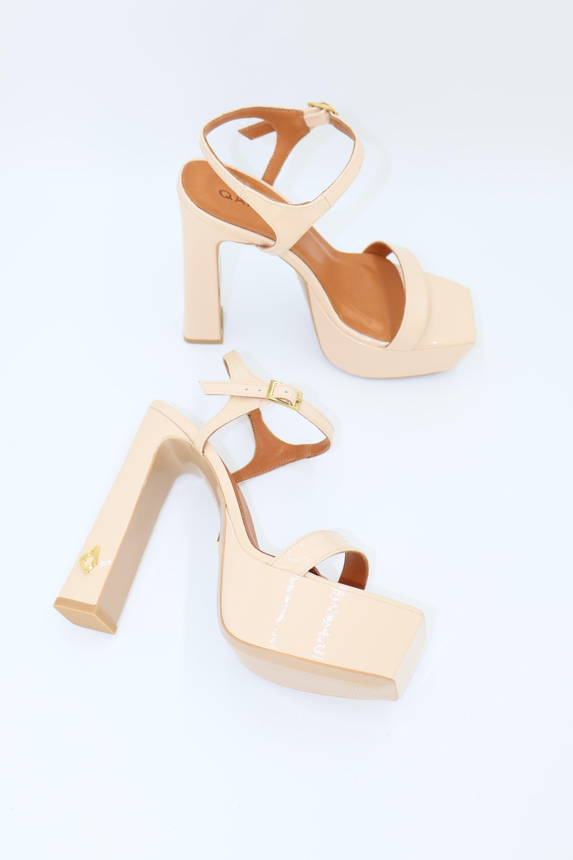 Qafarrin ROSABELLE CHAMPAGNE – Champagne Patent Leather Genuine Calfskin Platform Heeled Sandals