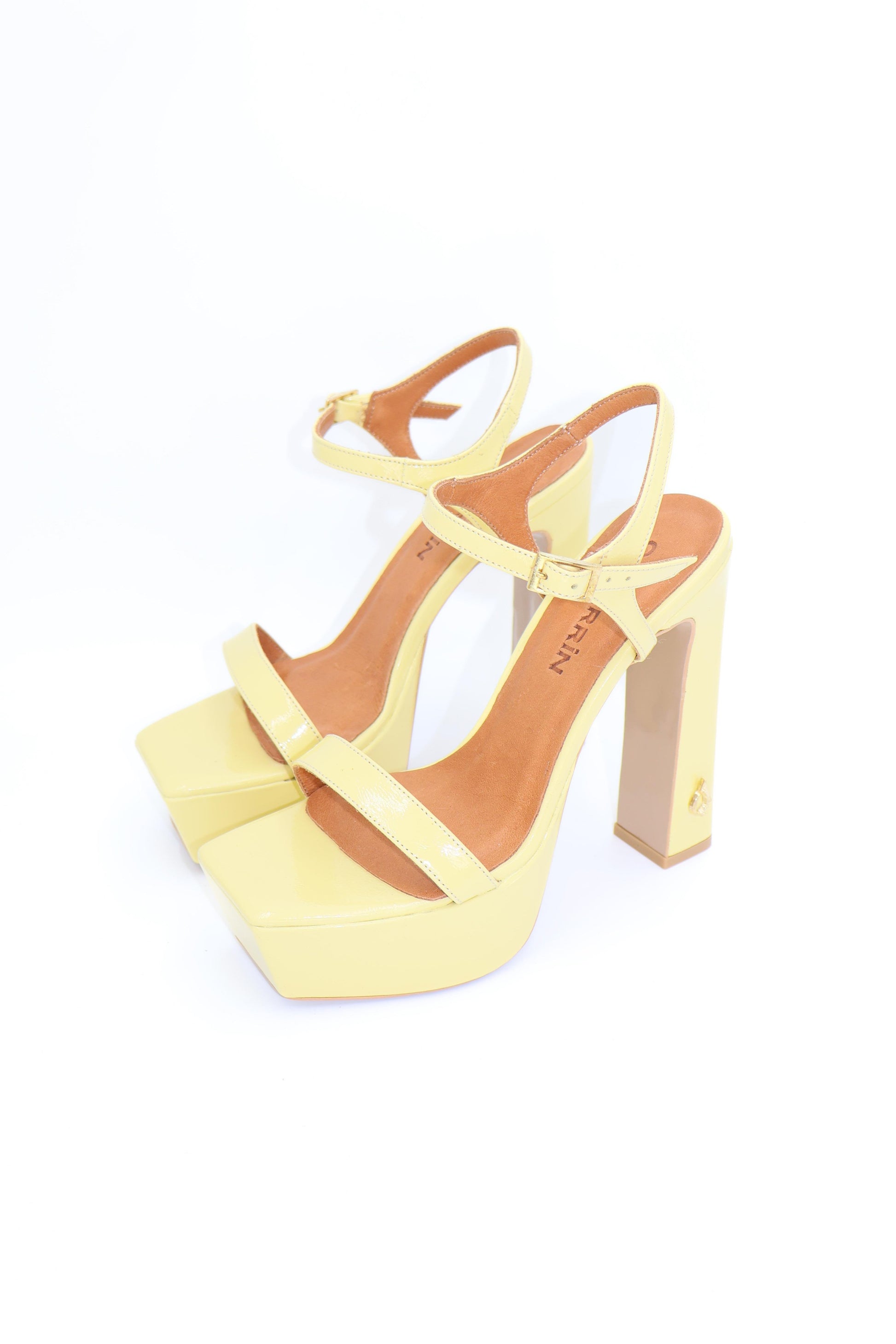 Qafarrin ROSABELLE – Bright Light Yellow Patent Leather Platform Heeled Sandals