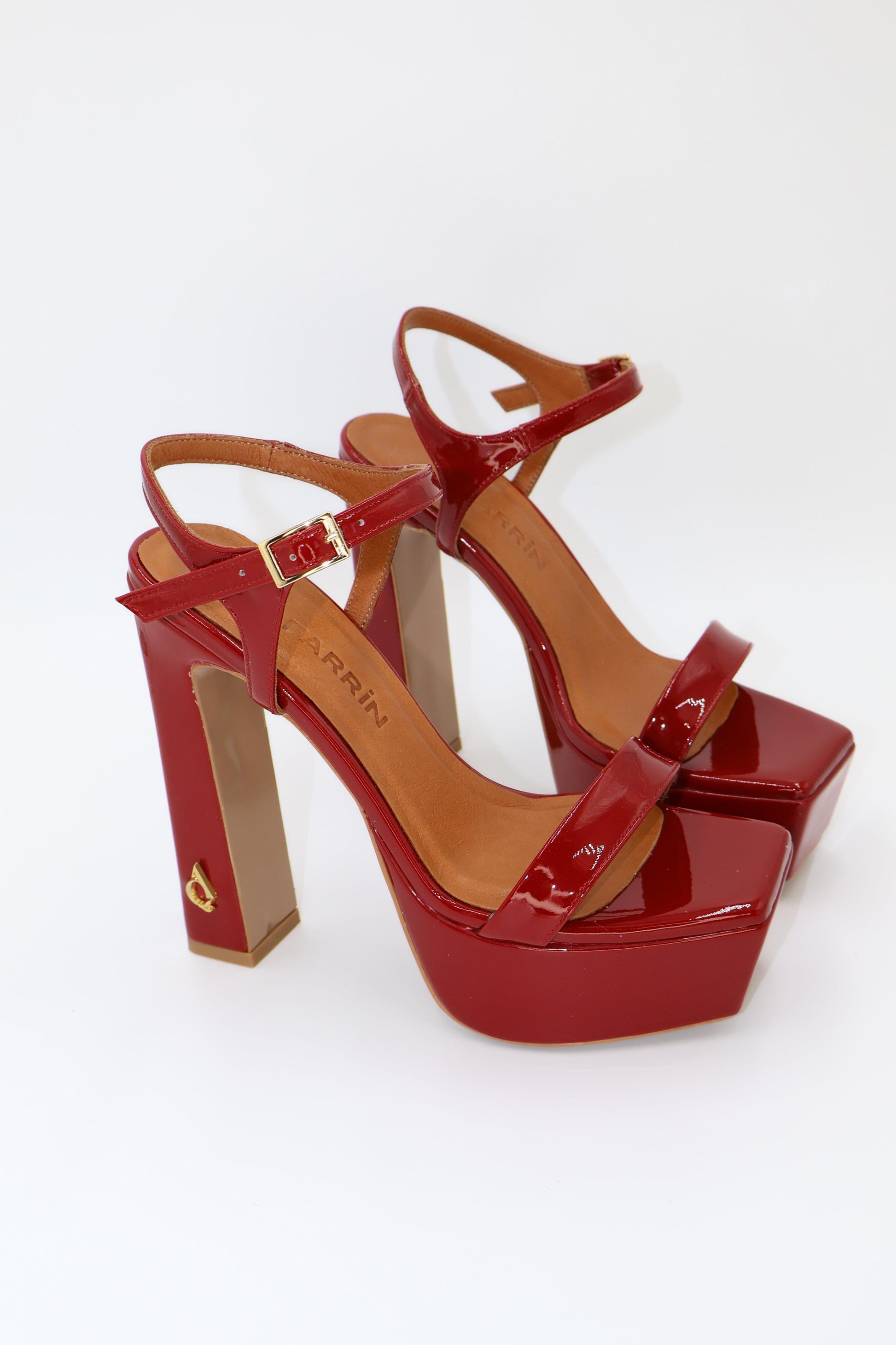 Qafarrin ROSABELLE – Bright Red Patent Leather Genuine Calfskin Platform Heeled Sandals