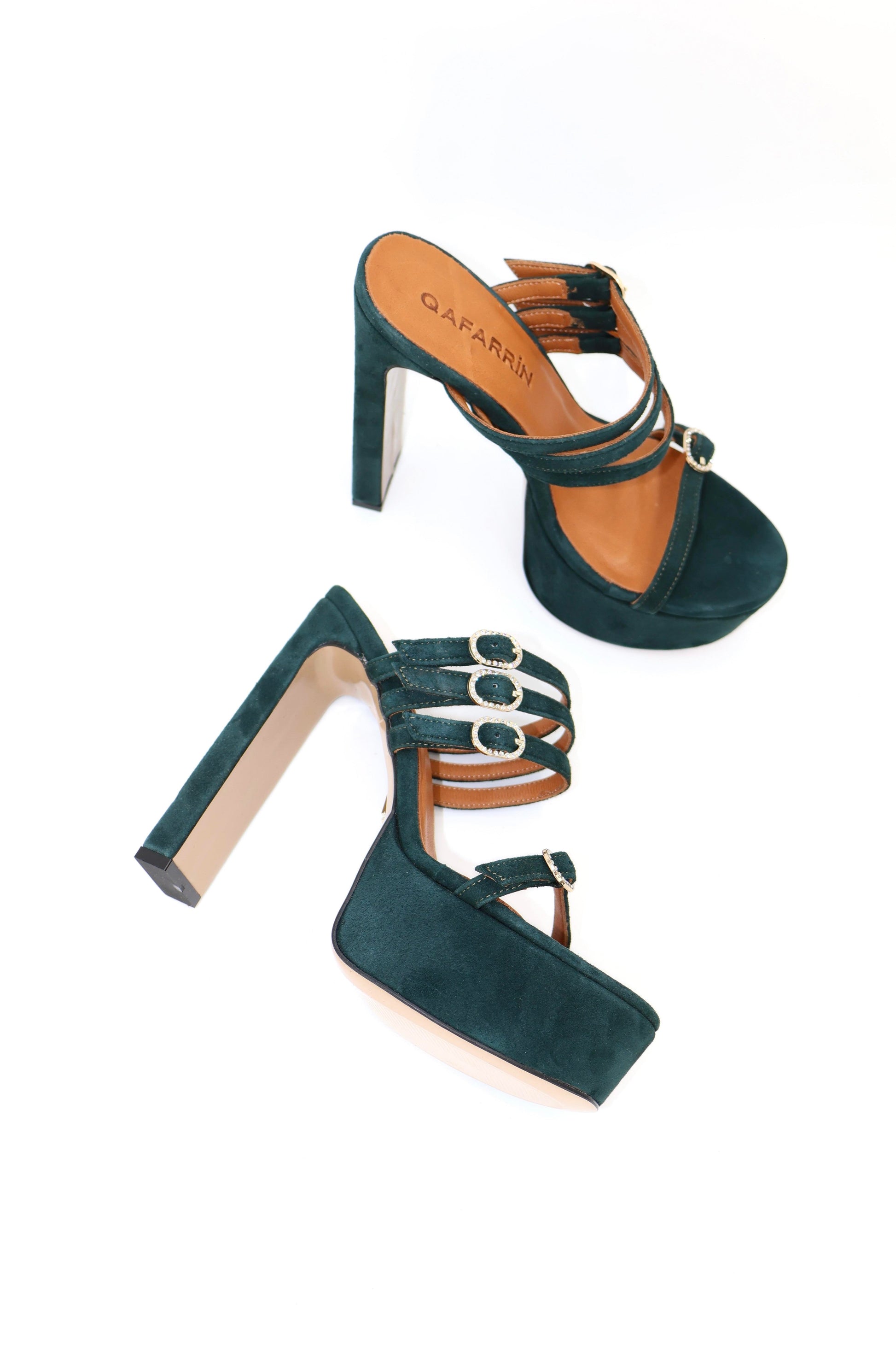 Qafarrin ÉSARELLE – Emerald Green Suede Genuine Leather and Crystal Buckle Platform Mule