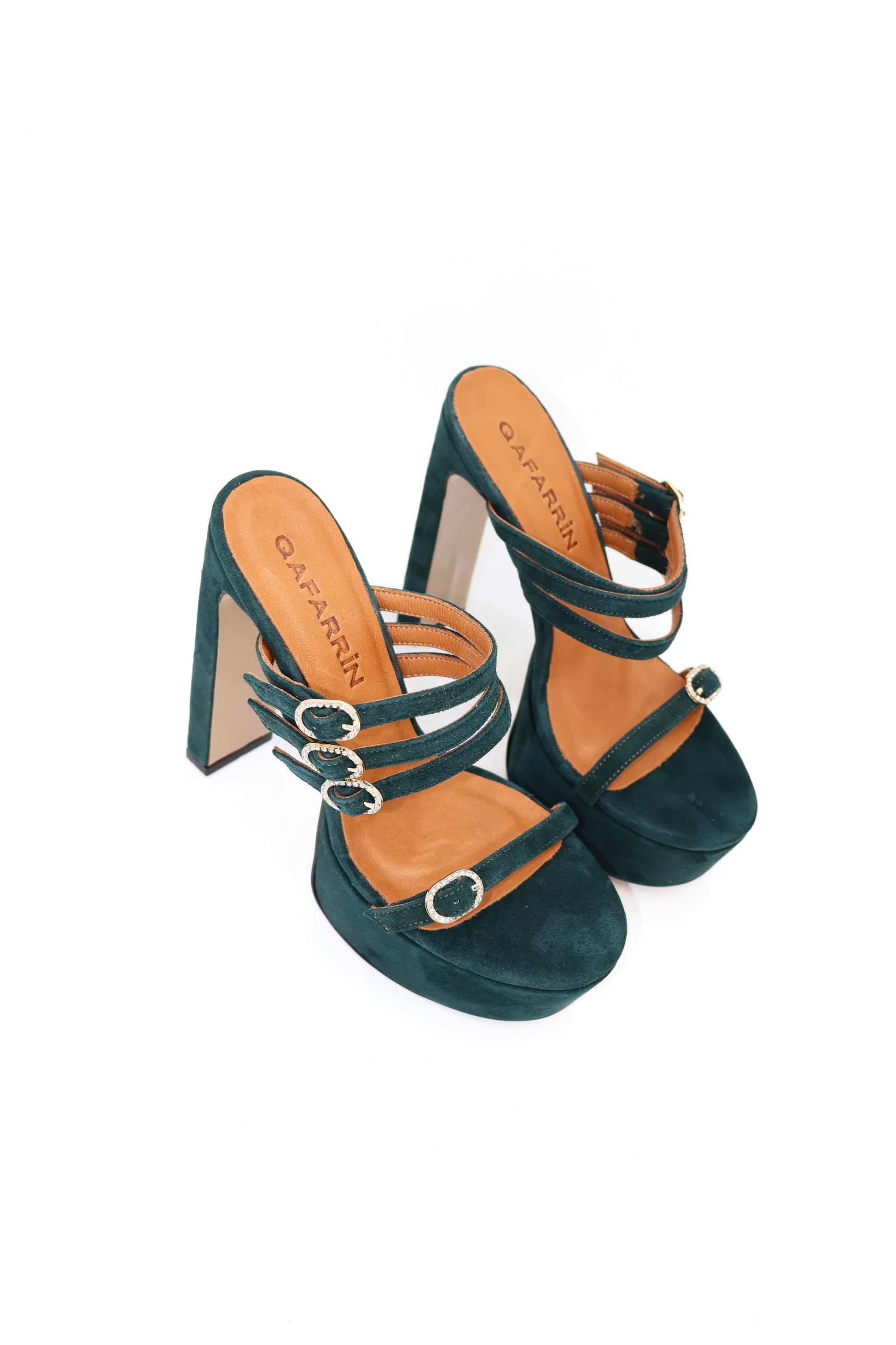 Qafarrin ÉSARELLE – Emerald Green Suede Genuine Leather and Crystal Buckle Platform Mule