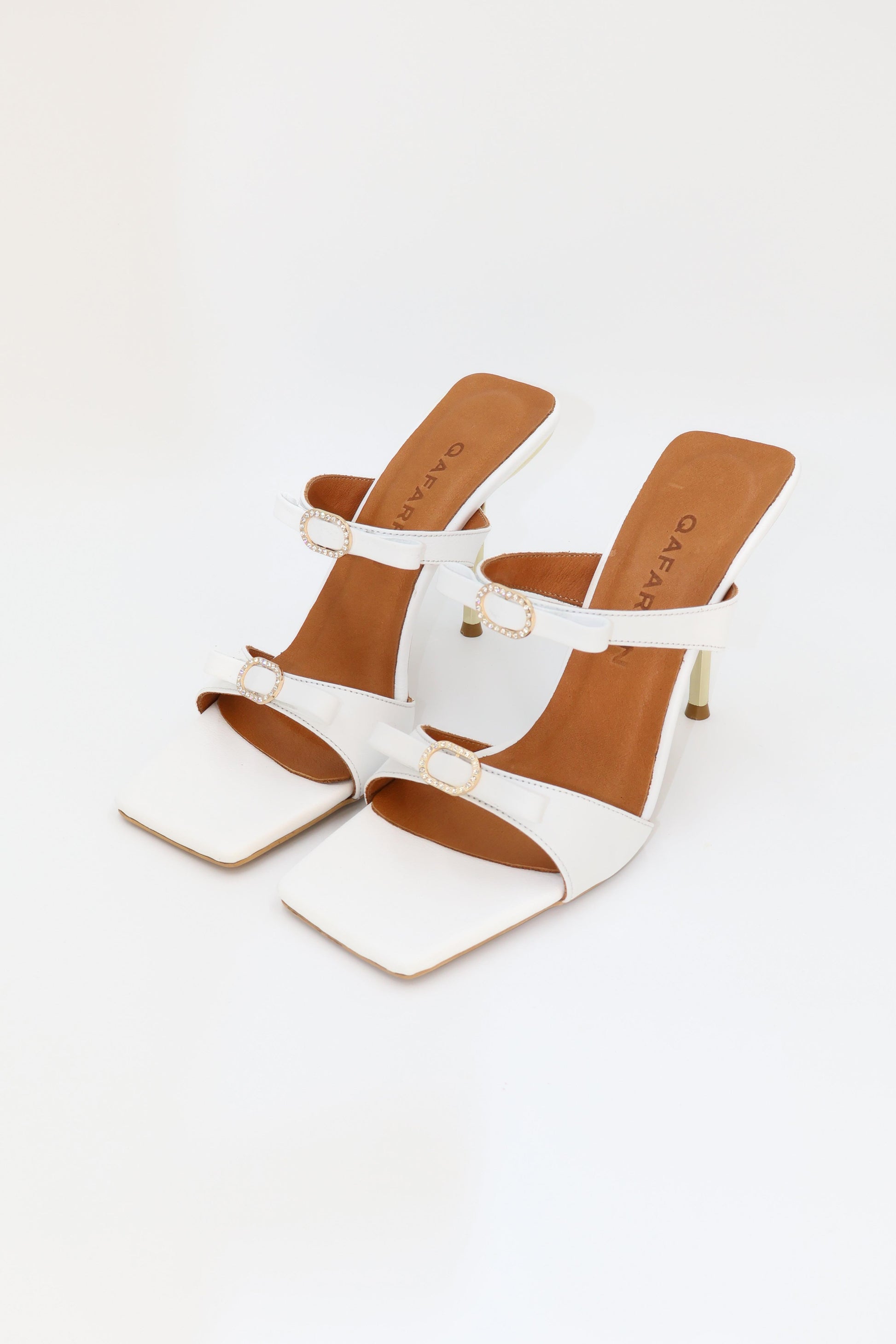 Qafarrin SOLEYA – White Genuine Calfskin Leather and Thin Metal Heel Sandals