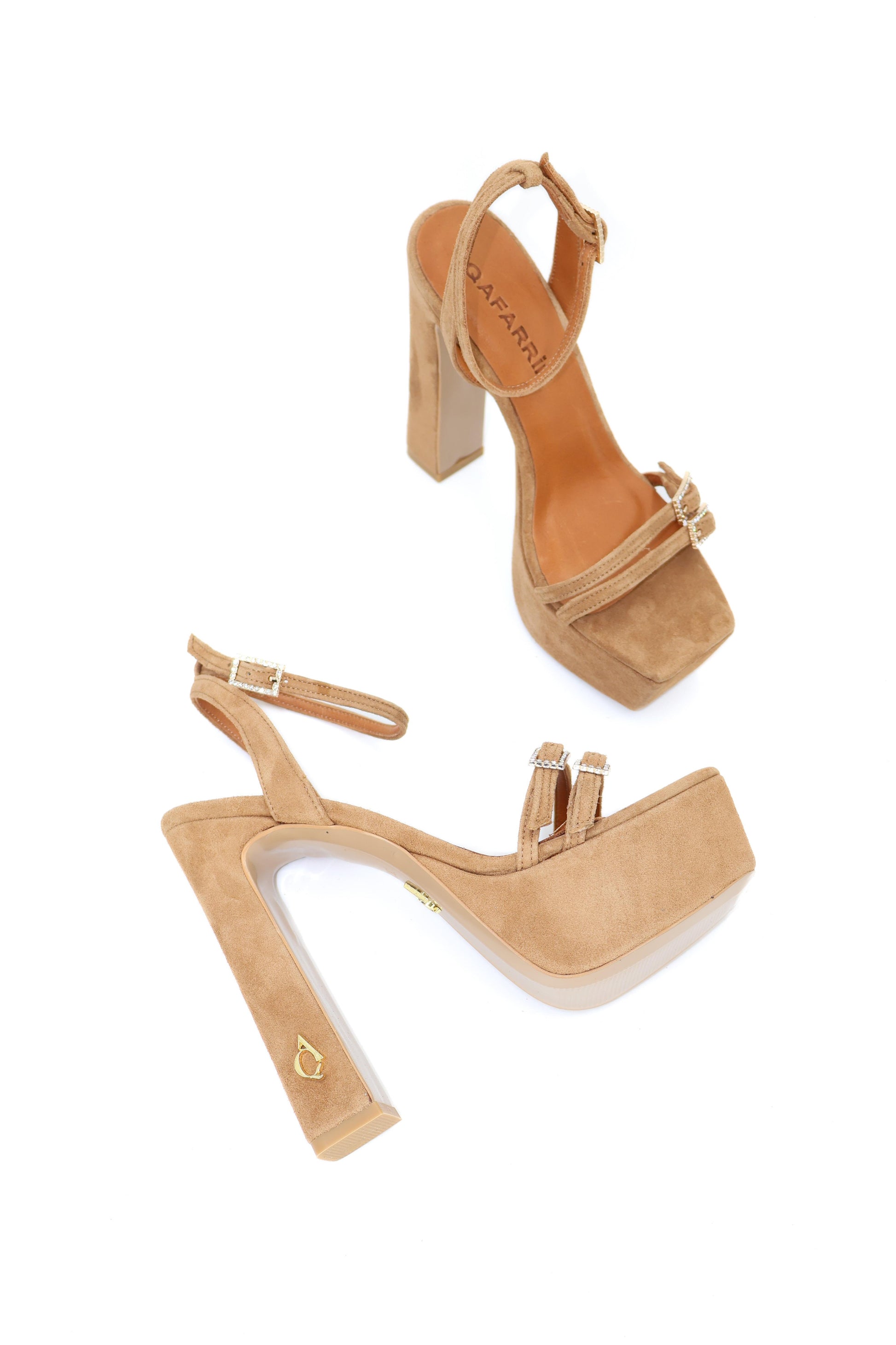 Qafarrin SVELTA CAMEL – Genuine Leather Velvet Platform Heeled Sandals