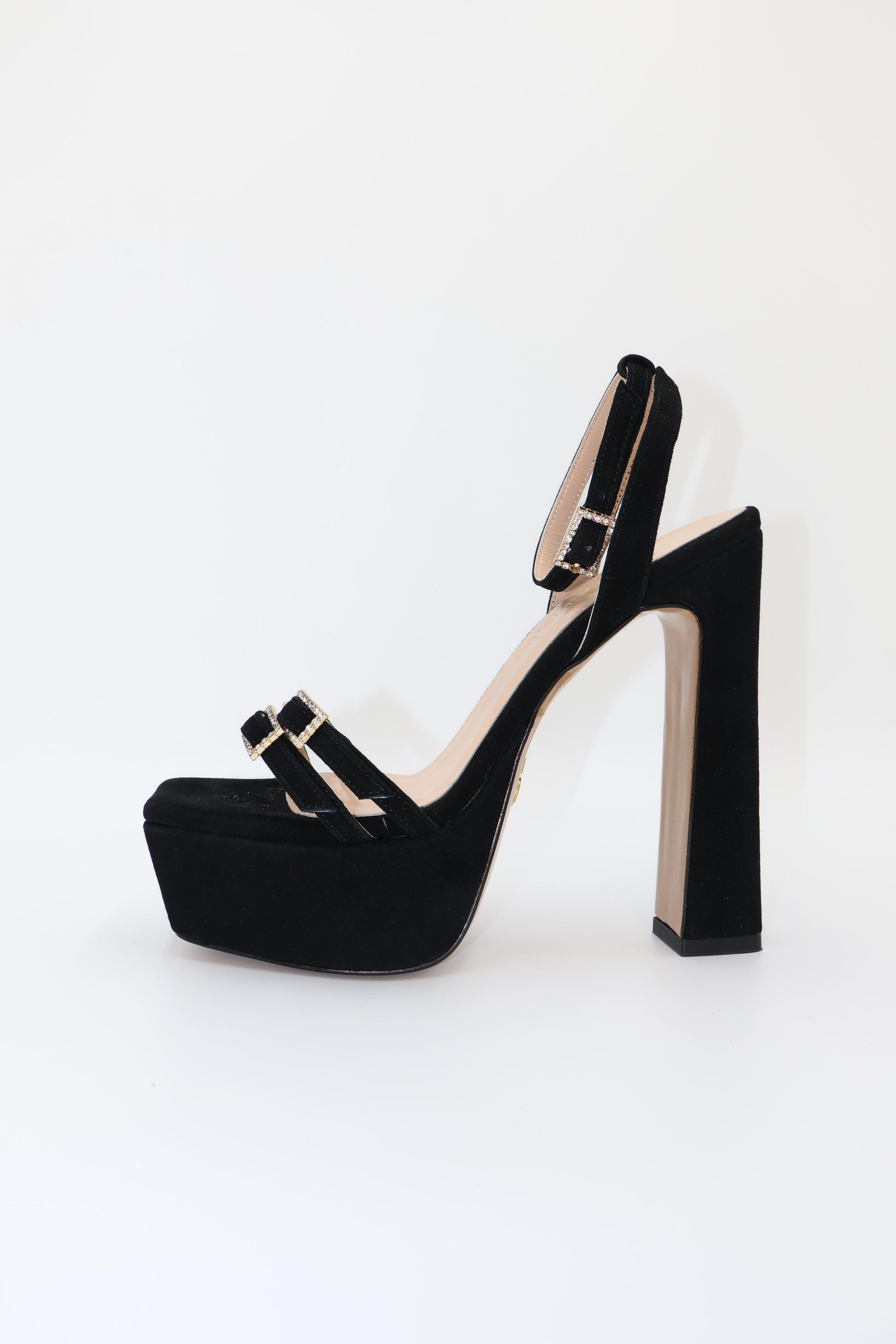 Qafarrin SVELTA – Black Genuine Calfskin Velvet Platform Heeled Sandals