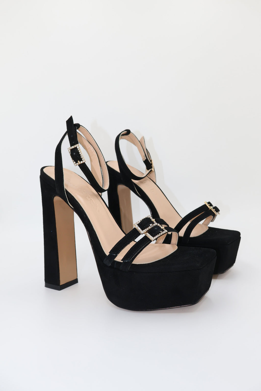 Qafarrin SVELTA – Black Genuine Calfskin Velvet Platform Heeled Sandals
