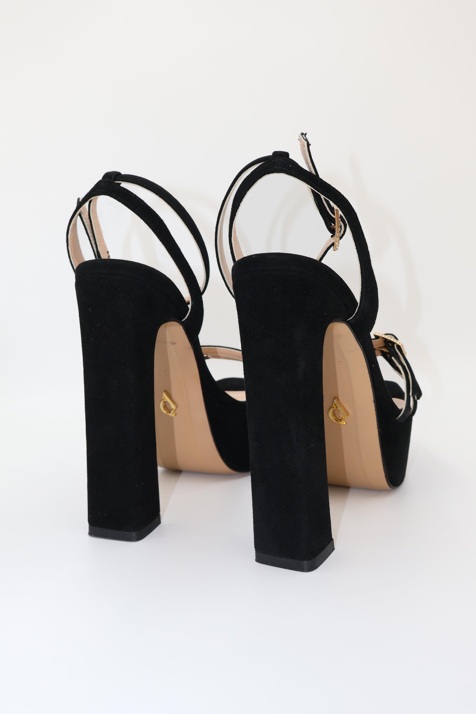 Qafarrin SVELTA – Black Genuine Calfskin Velvet Platform Heeled Sandals