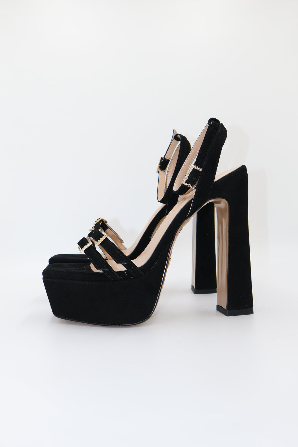 Qafarrin SVELTA – Black Genuine Calfskin Velvet Platform Heeled Sandals