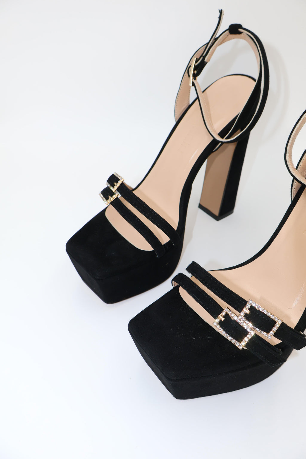 Qafarrin SVELTA – Black Genuine Calfskin Velvet Platform Heeled Sandals