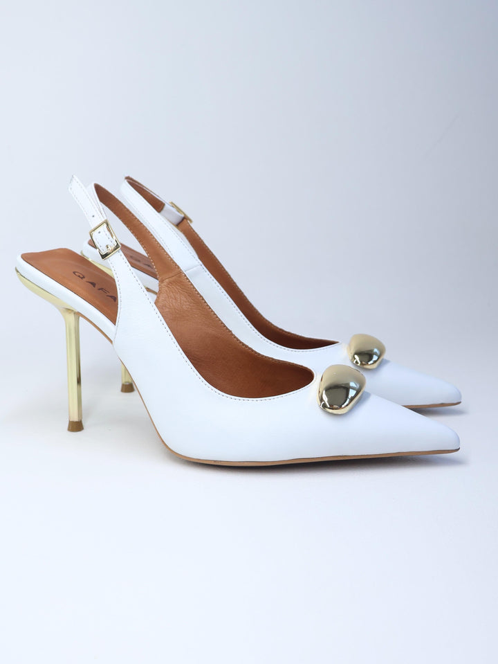 Qafarrin VELVET BLANC – Altın Tokalı Hakiki Dana Deri Beyaz Stiletto