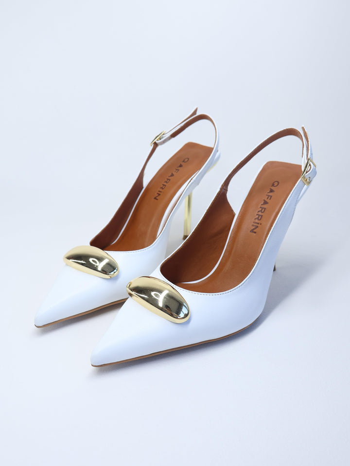 Qafarrin VELVET BLANC – Altın Tokalı Hakiki Dana Deri Beyaz Stiletto