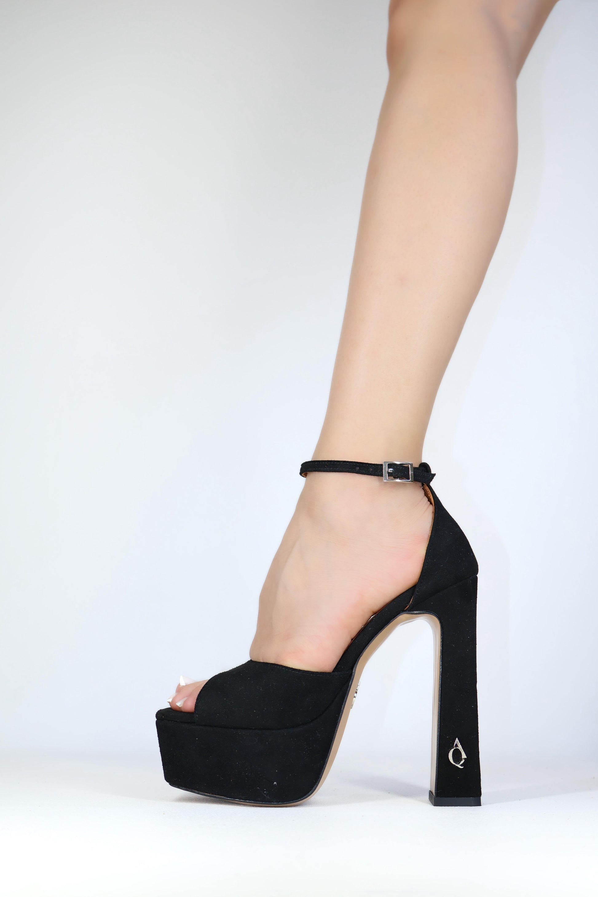 Qafarrin VERDELIA NOIR – Black Genuine Calf Suede Leather Platform Heeled Sandals