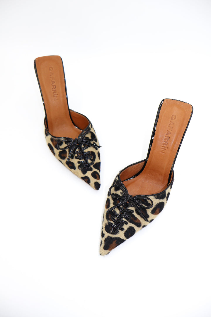 Qafarrin VIOLA LEOPARD – Hakiki Tay Deri Mule Stiletto