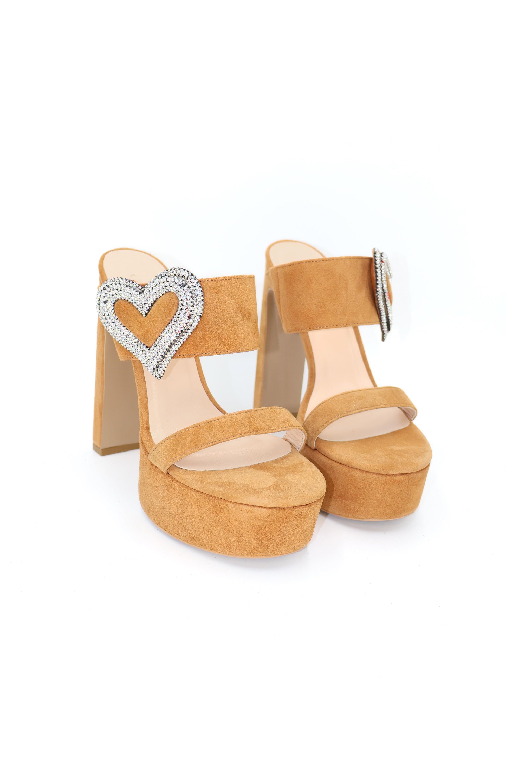 Qafarrin VÉRALIA – Saffron Suede Genuine Calfskin and Stone Embroidered Heart Accessory Platform Mule