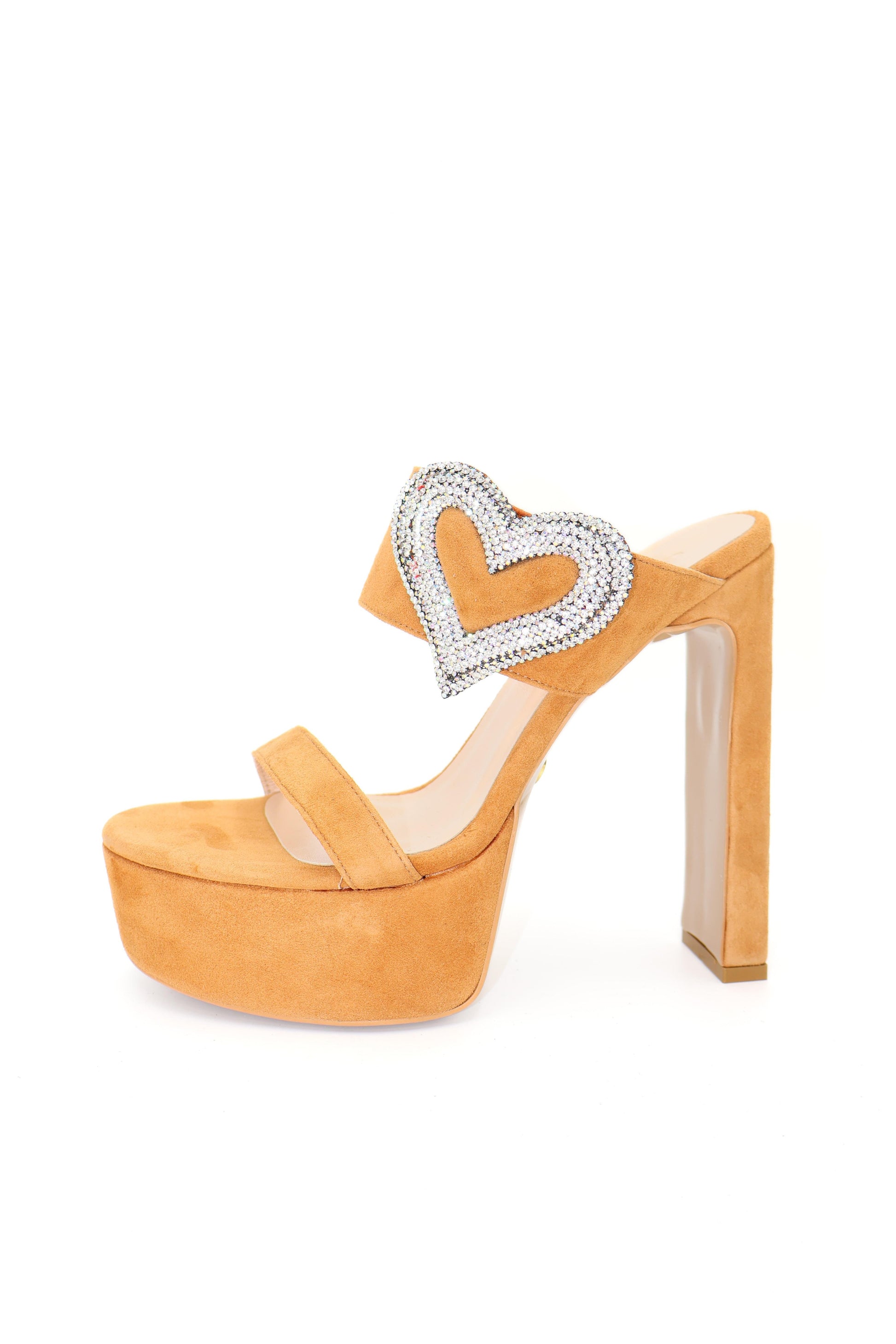 Qafarrin VÉRALIA – Saffron Suede Genuine Calfskin and Stone Embroidered Heart Accessory Platform Mule