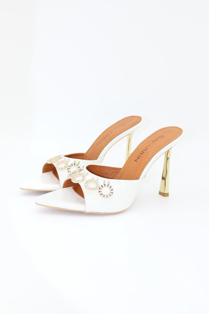 Qafarrin WHITE ORBIT – Hakiki Dana Rugan Deri Taş Detaylı Mule Stiletto